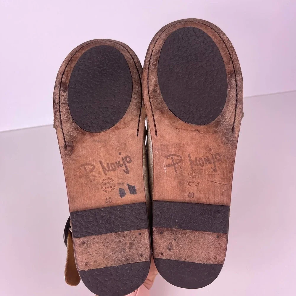 P Monjo Daniela Platino Mocha Gold Tan Leather Sandals Flats Women's Size 40 10